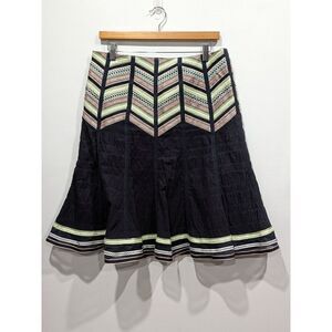 Nanette Leopore Navy Cotton Section Chevron Ribbon Embroidered Flare Skirt, 8